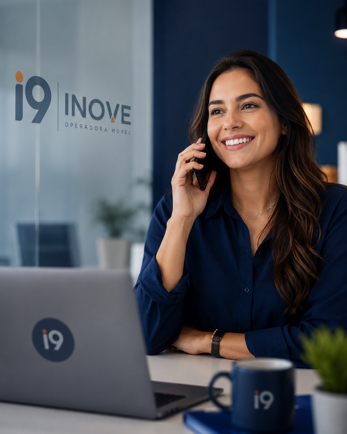 Profissional de atendimento da i9 INOVE falando ao telefone em um escritório moderno com a logo oficial da marca