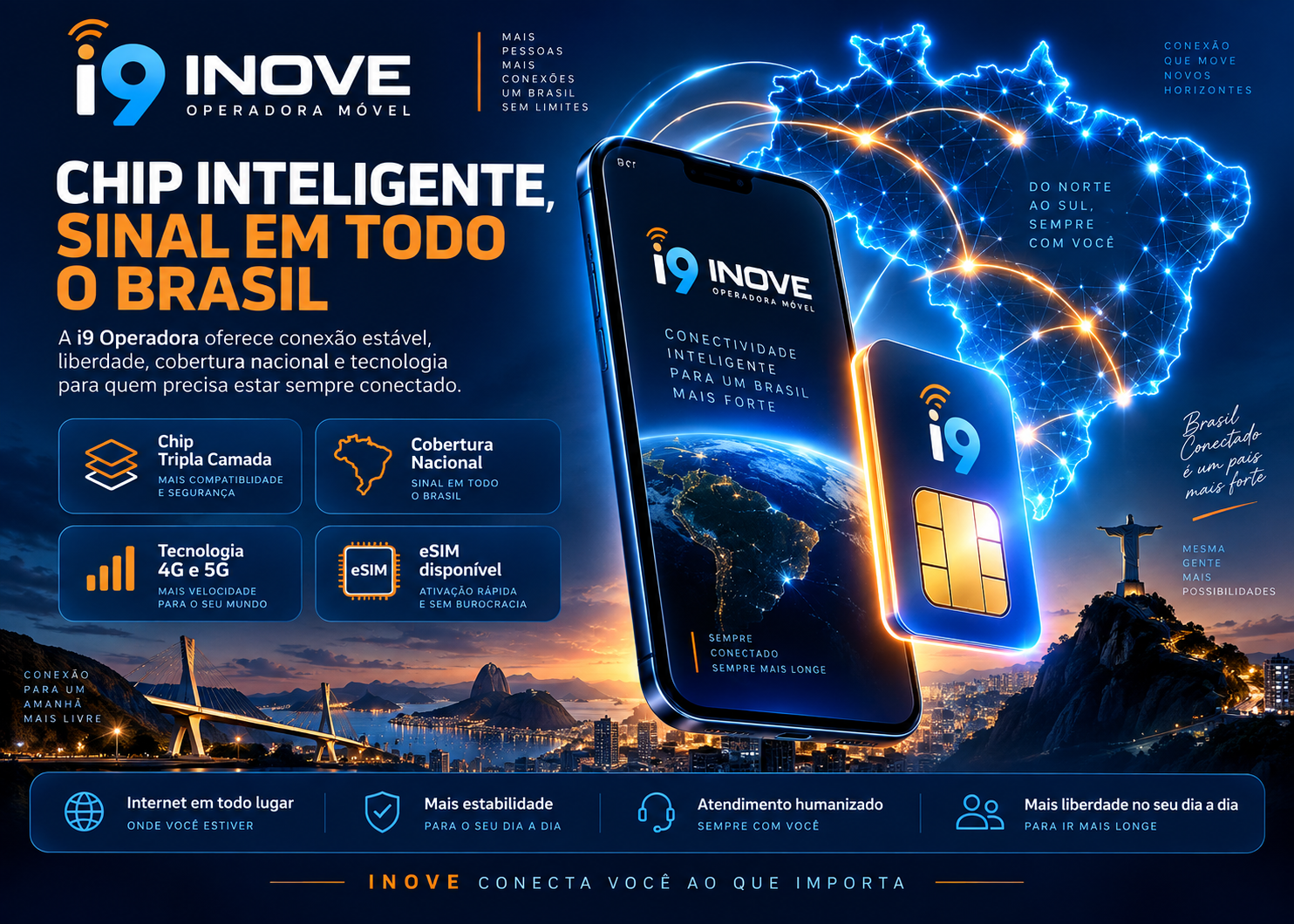 Slide da i9 INOVE com homem usando celular i9 em ambiente corporativo moderno