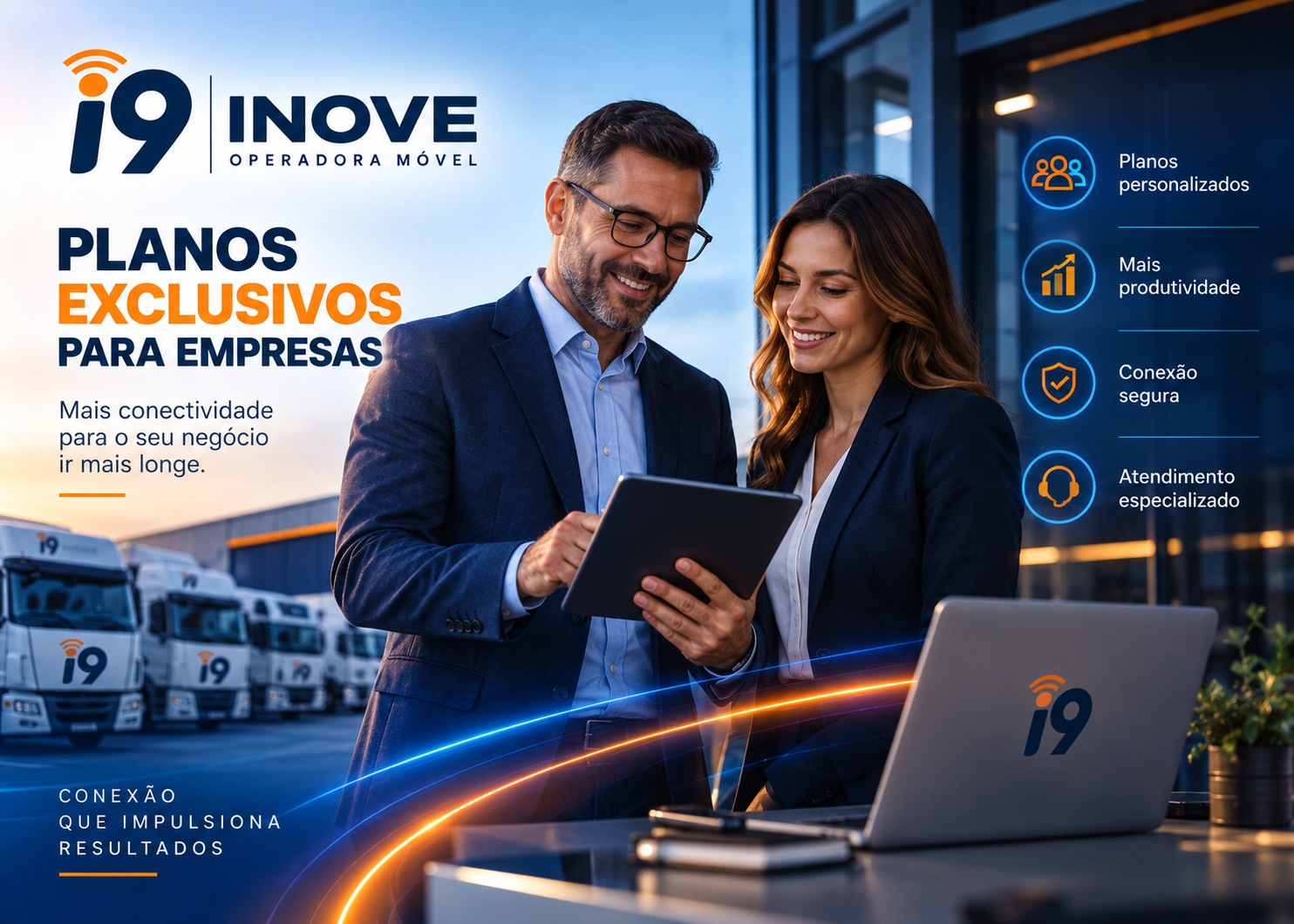 Slide da i9 INOVE com mulher usando celular i9 em ambiente urbano moderno